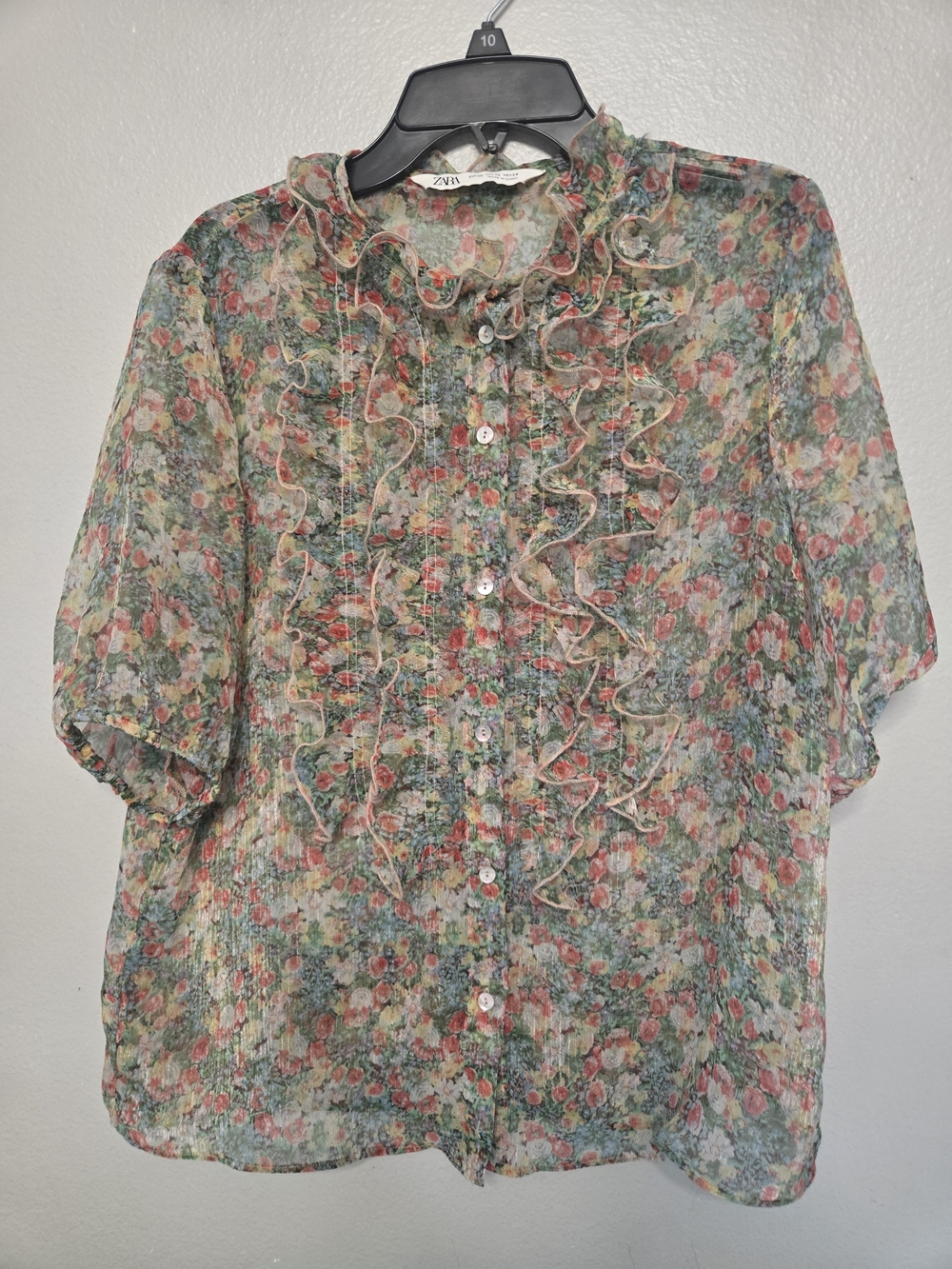 Zara Floral Ruffle Button-Front Blouse in Green